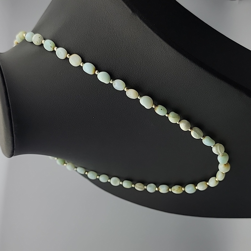 Natural Peru Blue Opal Gems 6 to 8mm Smooth Nugget Beads 17" Silver Necklace - Picture 4 of 11